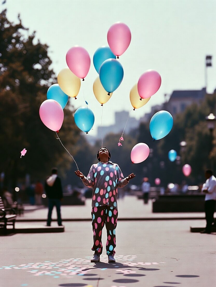 a mismatched polka-dot outfit on an adult juggling pastel balloons in a busy city plaza, a half-melted ice cream cone discarded nearby,
