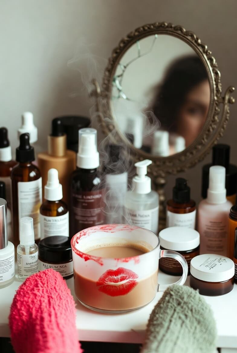Cluttered vanity with steaming chai and cracked mirror