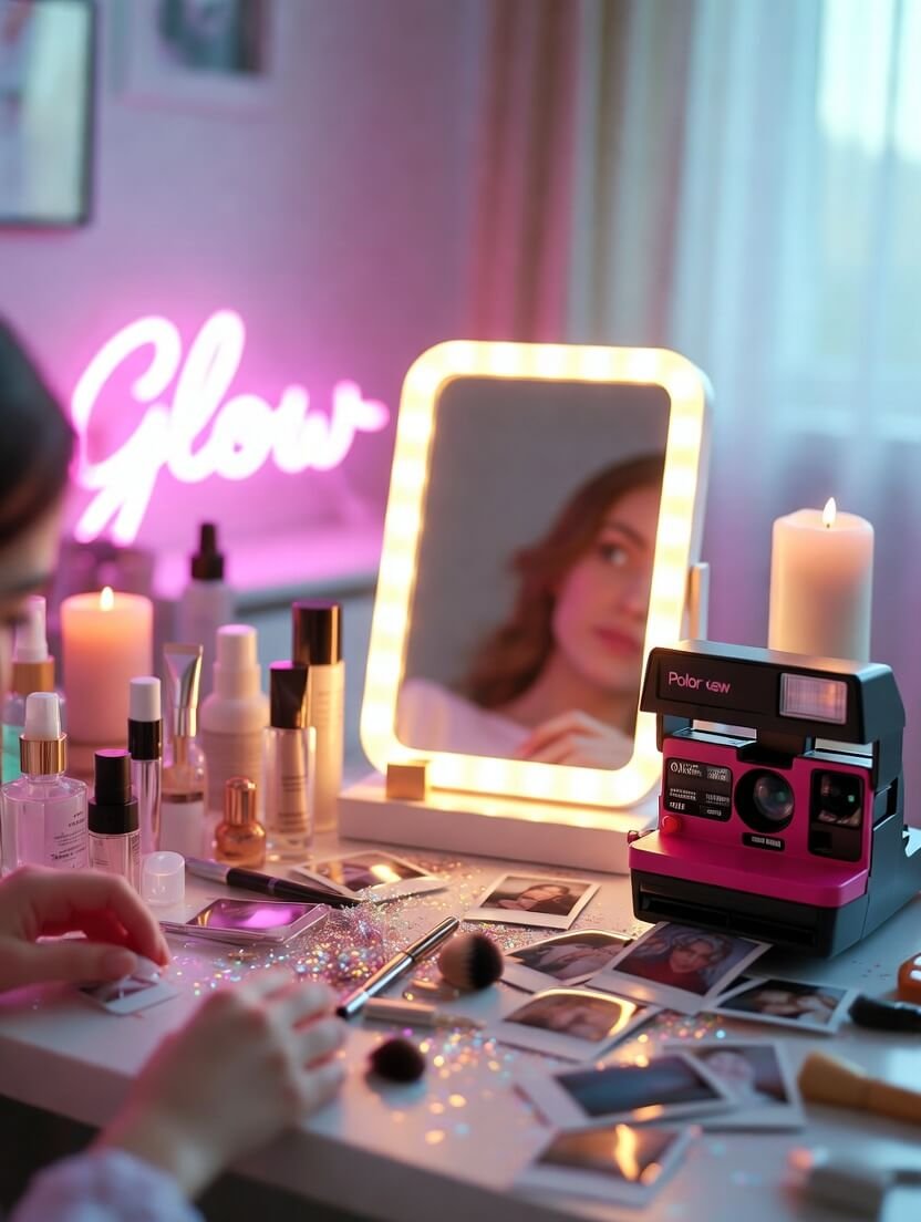 a cluttered vanity mirror with half-used skincare bottles, a cracked iPhone showing a 3 a.m. selfie, and a single glowing LED ring light casting dramatic shadows.