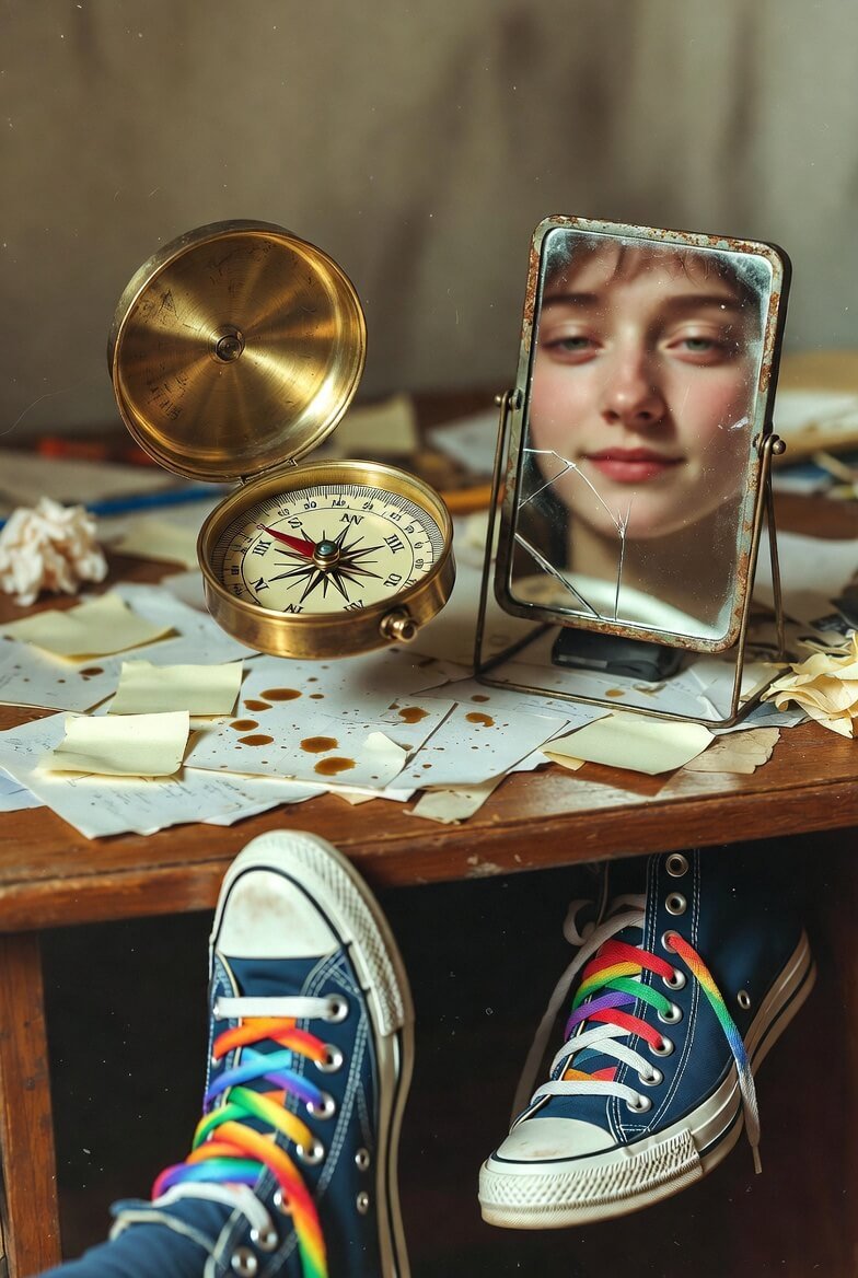 a slightly glowing vintage brass compass floating just above a messy wooden desk covered in coffee stains and crumpled sticky notes,