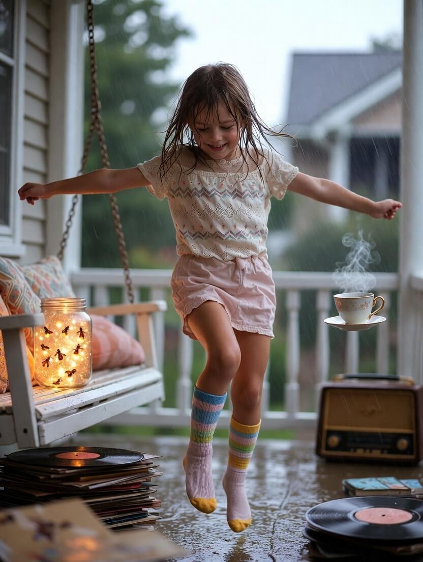 a slightly disheveled adult in wildly clashing neon socks caught mid-splash in a shallow rain puddle on a weathered American porch,