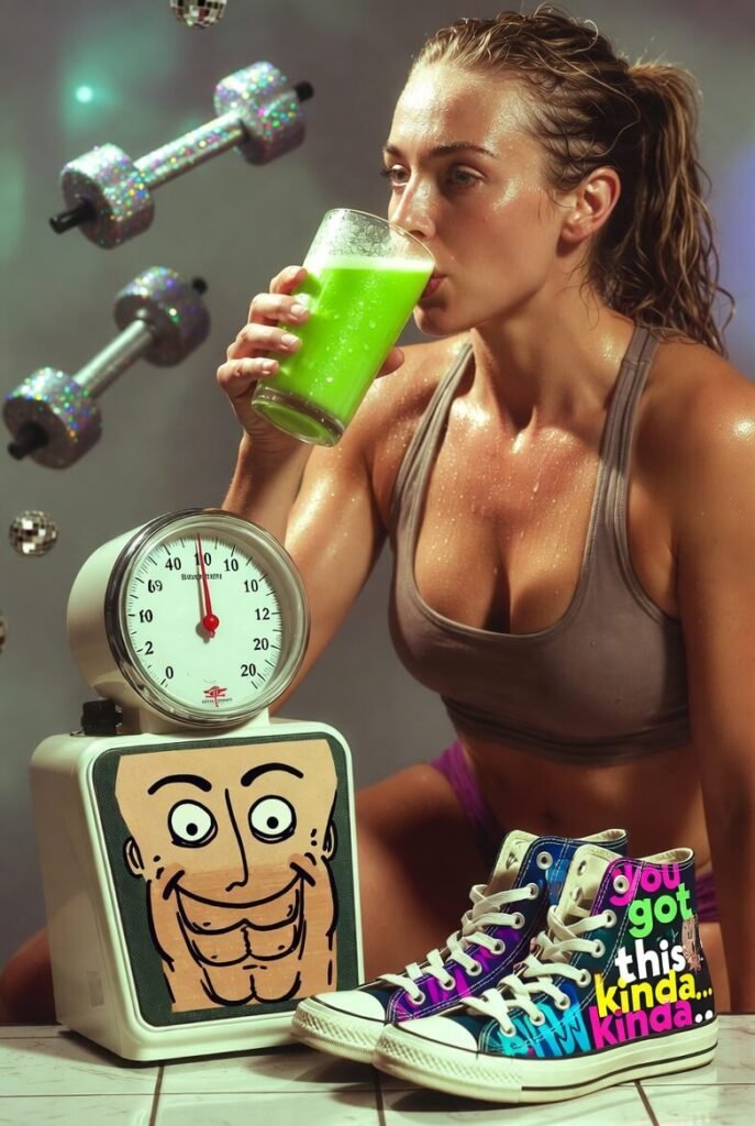 Sweaty gym-goer sipping neon green protein shake