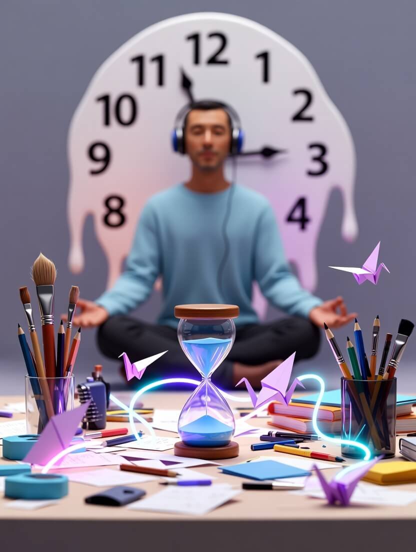a cluttered wooden desk covered in half-finished origami cranes, spilled coffee rings, noise-cancelling headphones resting on an upside-down hourglass