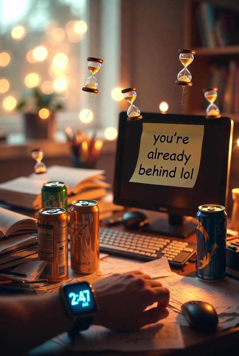 Cluttered desk at golden hour with energy drinks and mocking Post-it