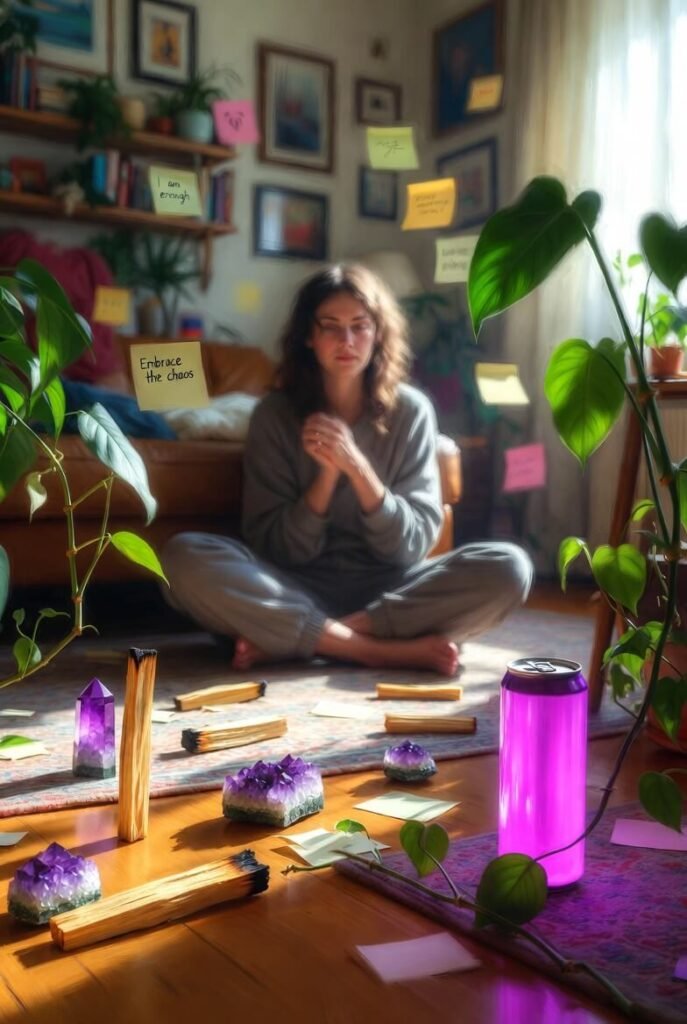 Disheveled person meditating amid crystals and palo santo smoke