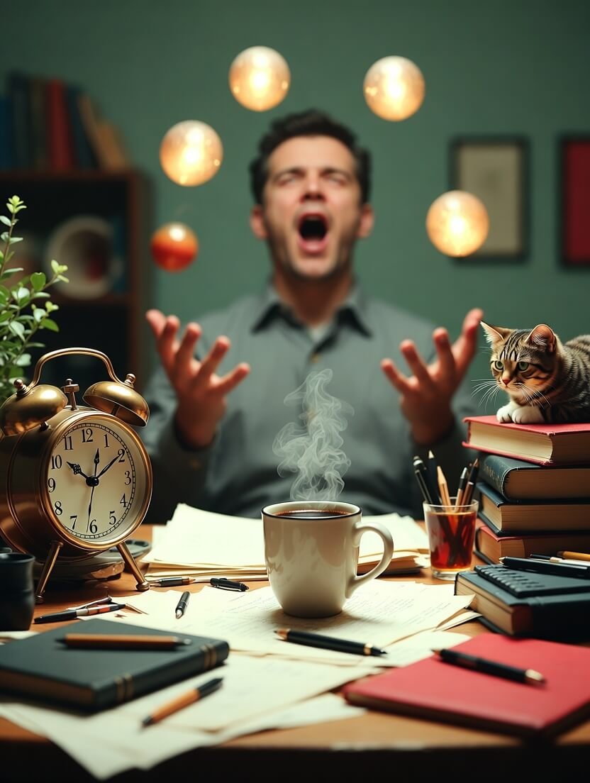 a cluttered wooden desk overflowing with scattered papers and notebooks, a vintage brass alarm clock ticking loudly,