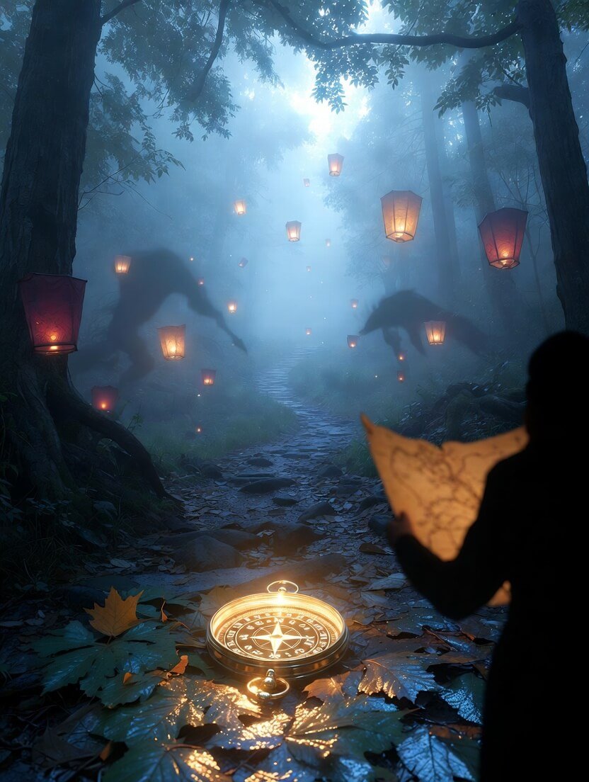 a narrow winding dirt path disappearing into thick morning fog, an old brass compass floating slightly above the ground