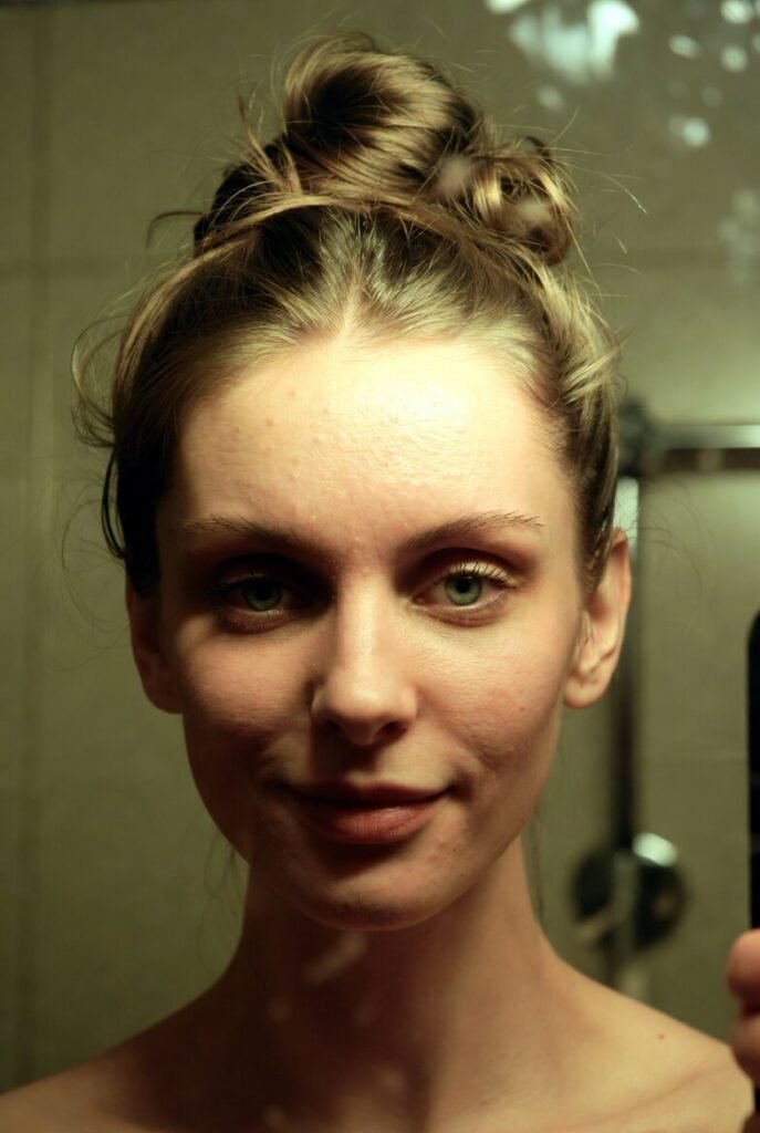 Before: uneven skin texture, harsh bathroom light, messy bun