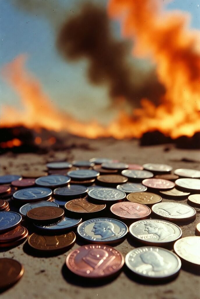 Scattered coins glowing amid raging world fire