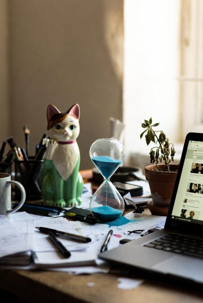 Ceramic cat judging messy desk with spilled blue sand