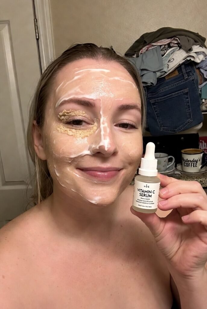 Half-moisturized face holding vitamin C serum trophy