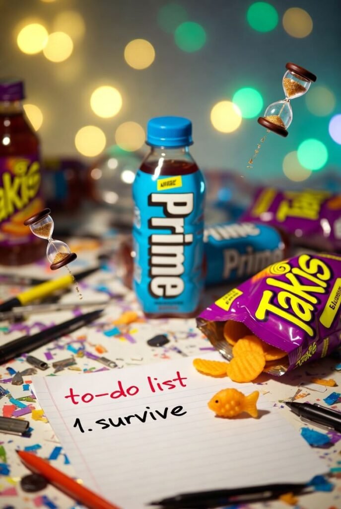 Prime bottle graveyard, half-eaten Takis, lonely goldfish cracker