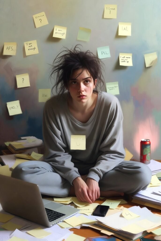 Exhausted person buried in sticky notes and late-night work
