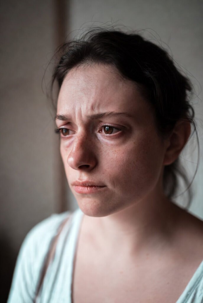 Woman with worried frown and teary eyes