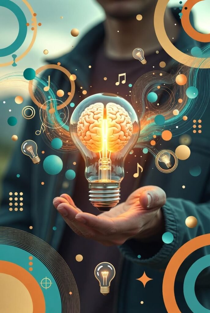 a person in lotus position under an ancient tree with glowing Edison-style lightbulbs hanging from branches like fruit,