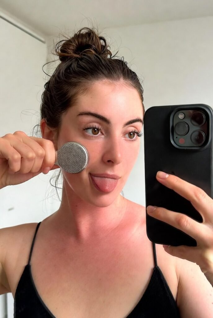 Mirror selfie mid-gua sha, tongue out, messy bun