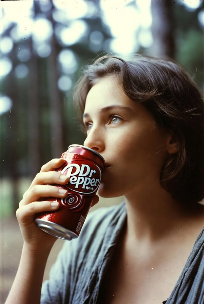 First refreshing sip of cold Dr Pepper