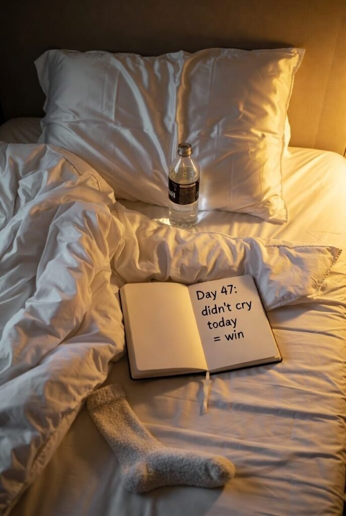 Top-down messy bed with victory journal entry