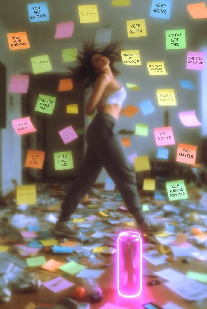 Fast-walking empowerment with floating affirmations and neon energy