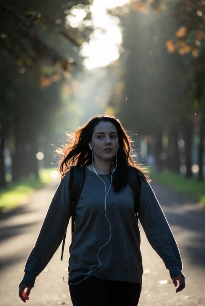Woman walking thoughtfully in misty park at dawn
