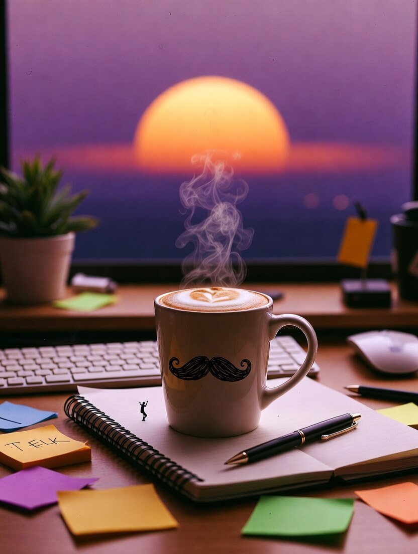 a steaming mustache-doodled coffee mug on a cluttered desk, a tiny figure triumphantly posing amid scattered notes,