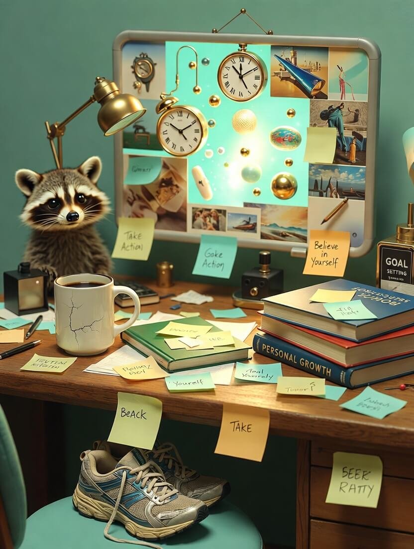 a cluttered wooden desk covered in colorful sticky notes with handwritten motivational phrases, a cracked white coffee mug spilling a little,