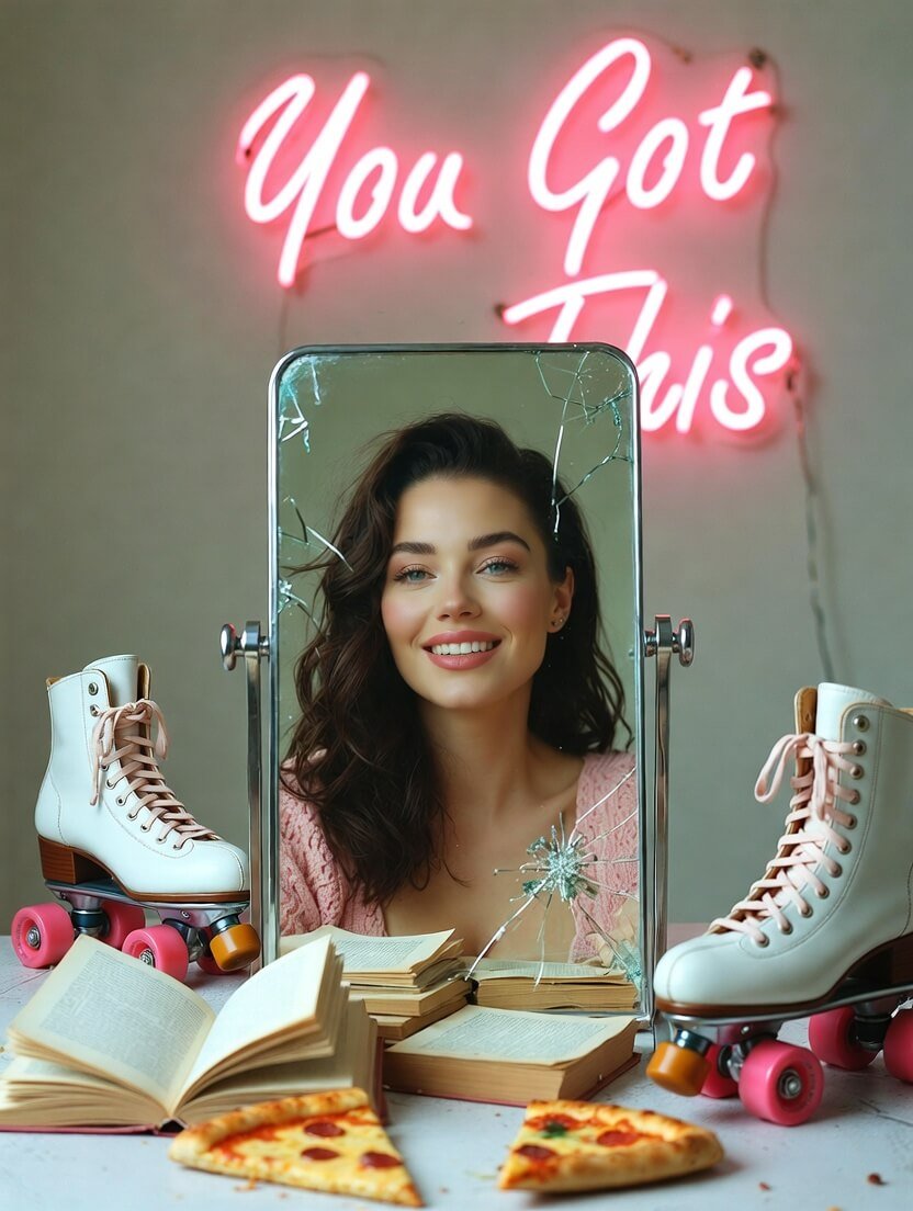 a cracked vintage mirror reflecting a woman's confident glow-up smile, scattered self-help books with coffee stains,