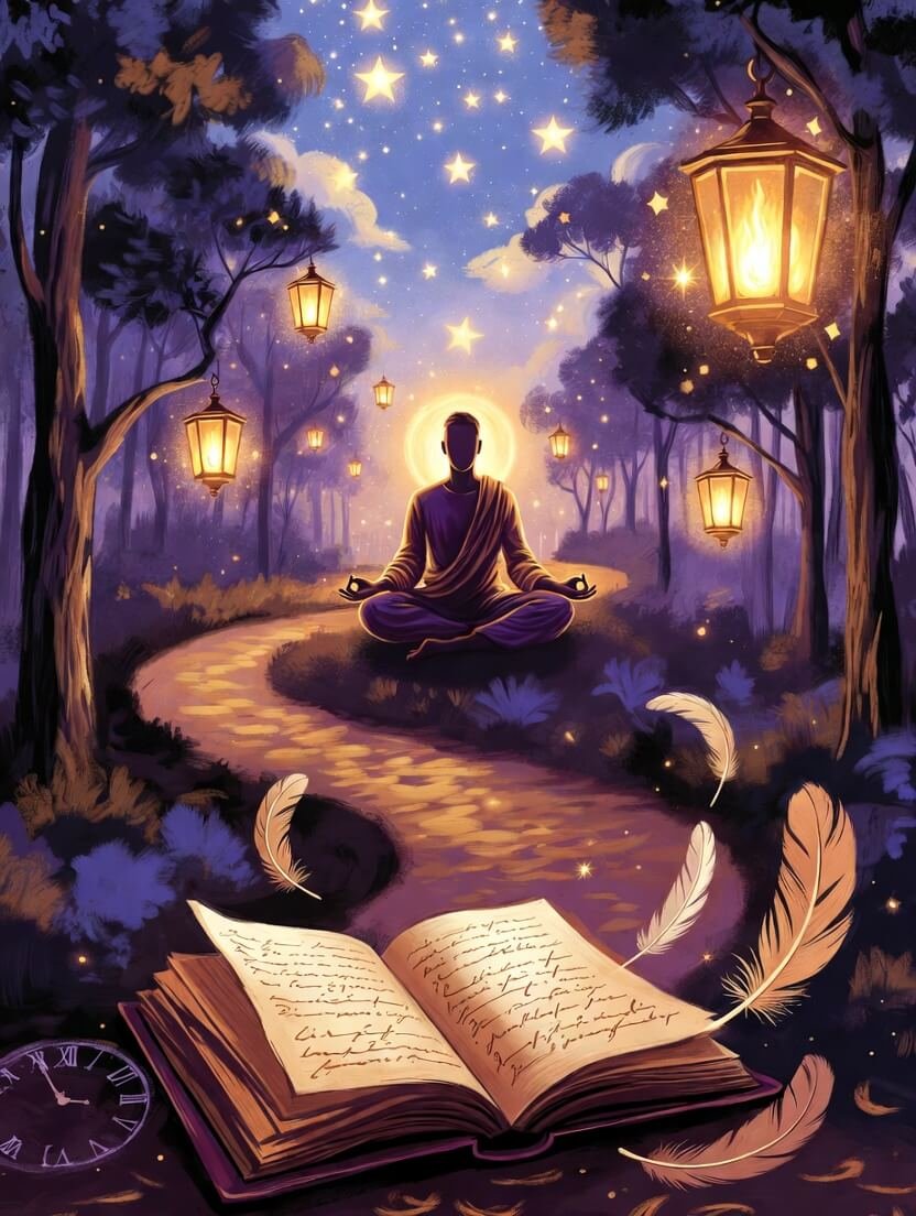a winding illuminated path through a mystical forest at twilight, a serene figure in quiet reflection, and subtle symbolic motifs like drifting light orbs.