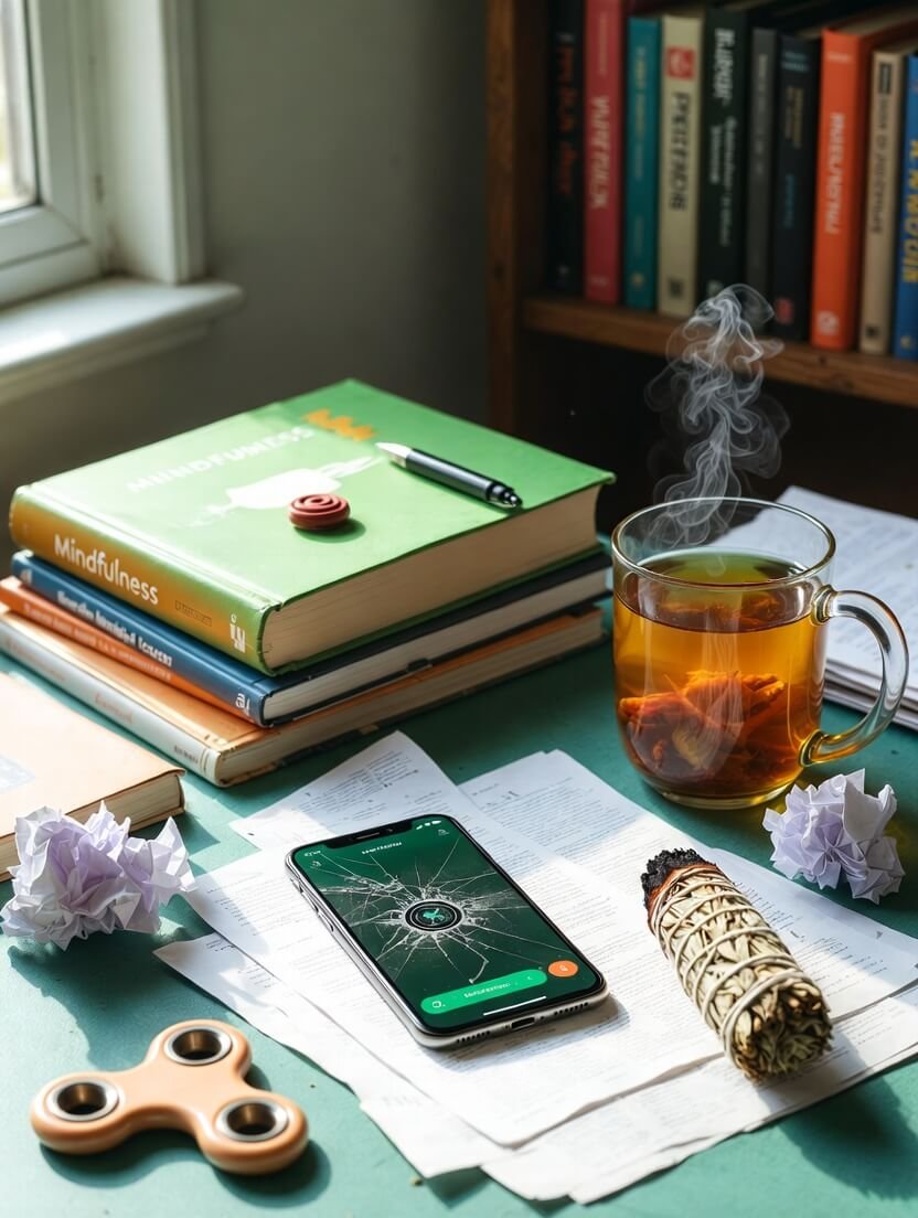 a cluttered desk with a cracked phone screen glowing a meditation timer at 9:58, a half-burned sage bundle still smoking,