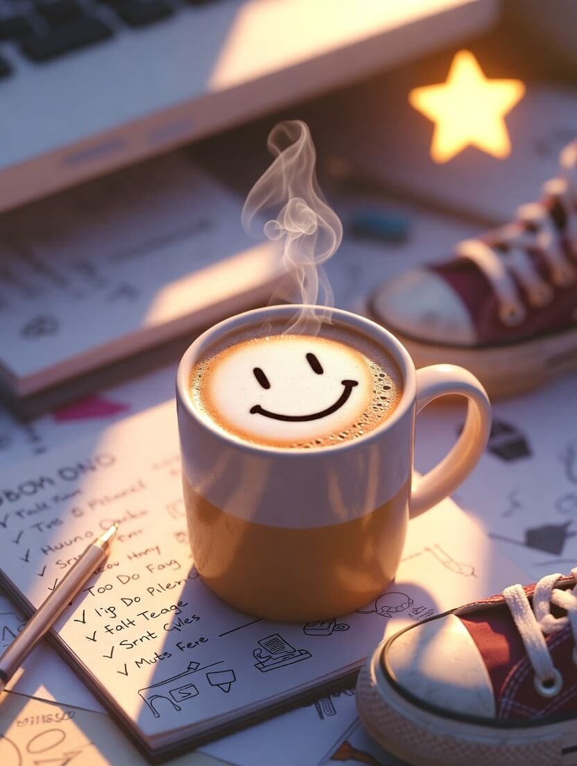 a slightly messy kitchen counter at dawn with a steaming coffee mug showing a goofy hand-drawn smiley face in the foam,