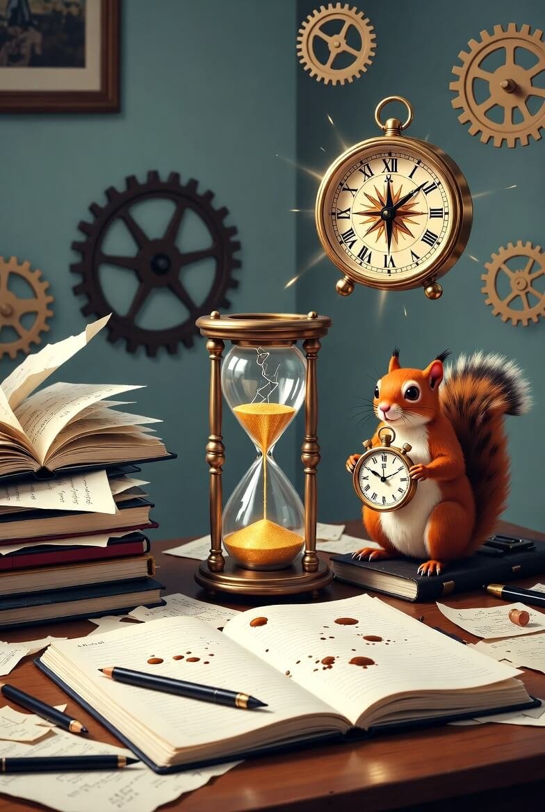 a mischievous squirrel juggling floating clock gears on a cluttered desk, a cracked hourglass spilling golden sand onto scattered goal lists,