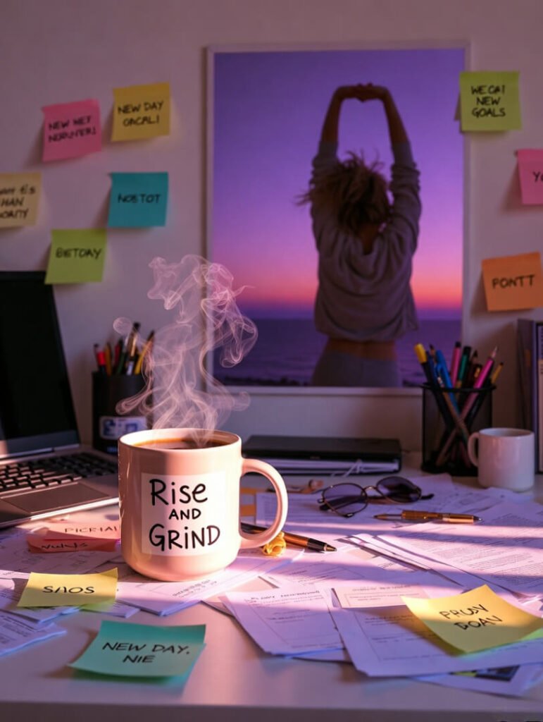 a steaming coffee mug with scattered sticky notes bearing half-written affirmations, a silhouette of someone stretching against a purple-tinged