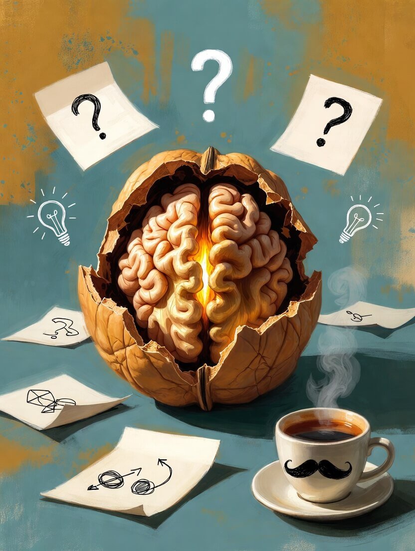 a cracked-open walnut shell revealing a glowing, detailed human brain inside, scattered crumpled sticky notes with half-finished doodles