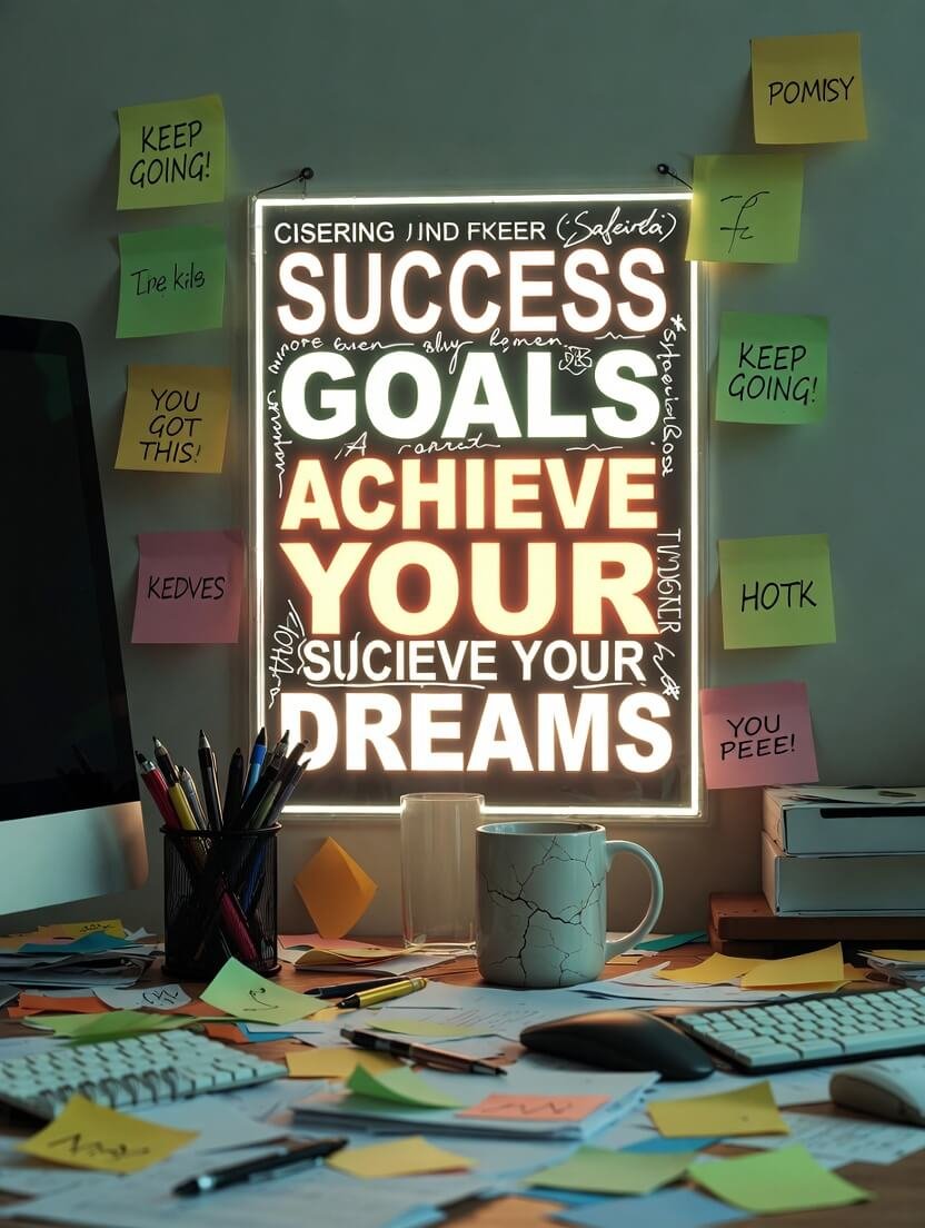 a cluttered late-night desk with a half-empty cracked coffee mug, glowing neon motivational sign in the background,