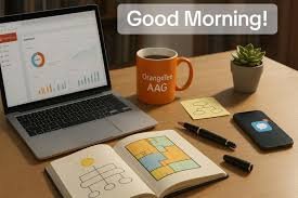 My typical morning desk chaos—coffee, notes, the works. Personal perspective: low-angle shot from my chair,