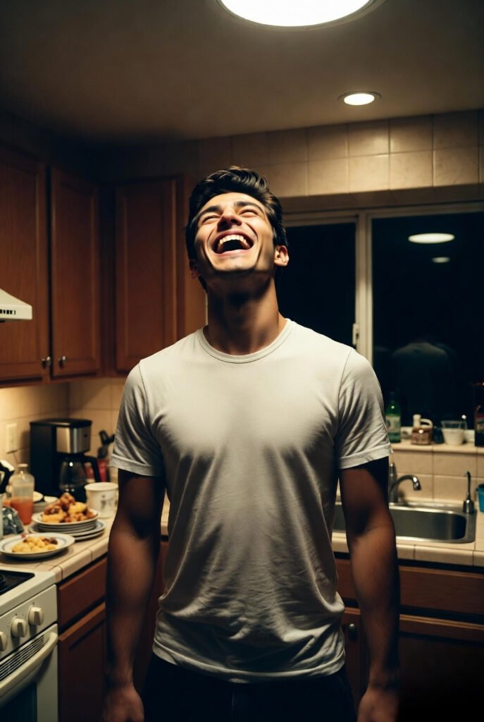 someone laughing alone in a kitchen, warm indoor lighting, messy countertop adds realism.