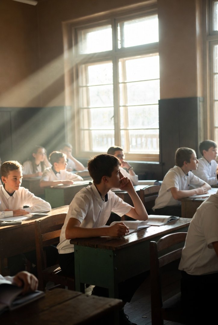 A nostalgic classroom scene with sunlight streaming through windows