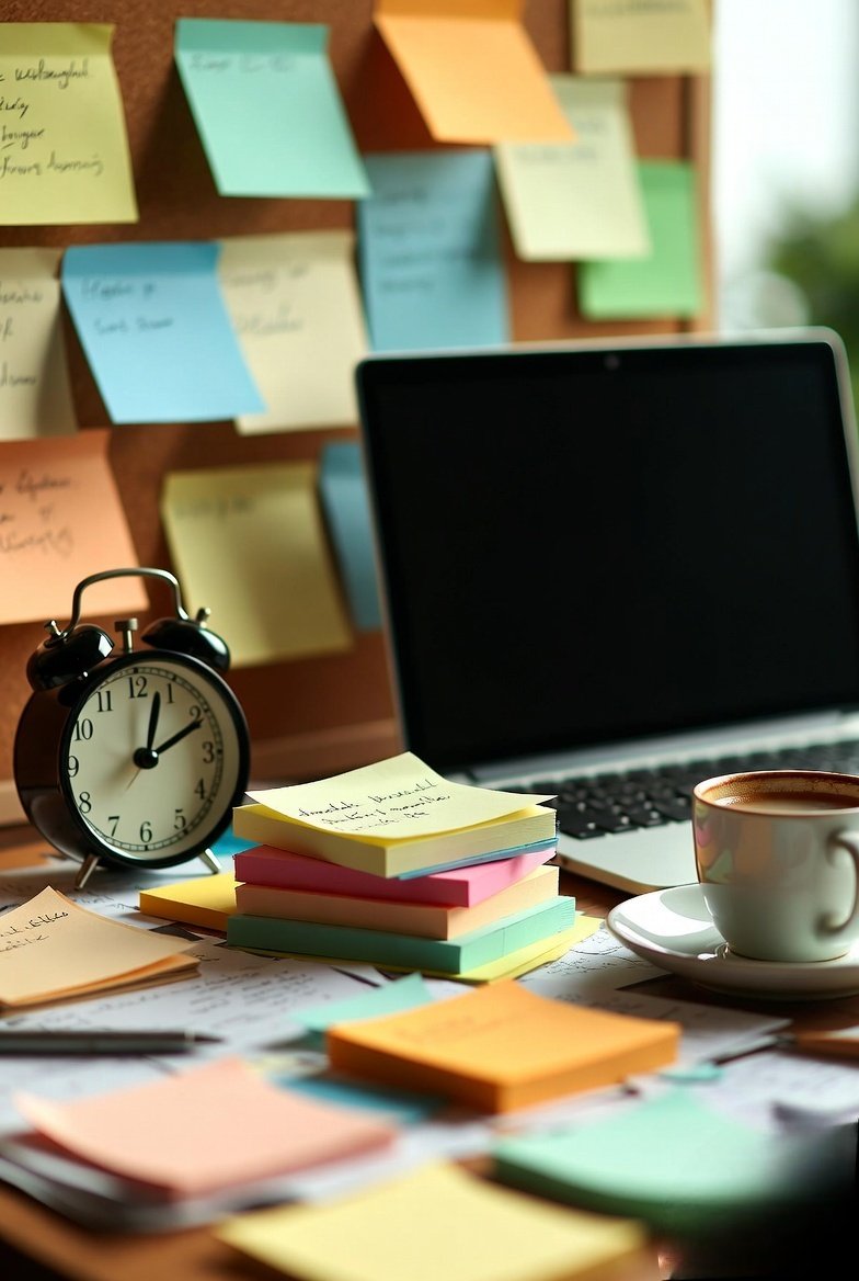 A slightly chaotic desk with sticky notes, a half-drunk coffee, open laptop, and a ticking clock blurred in the background