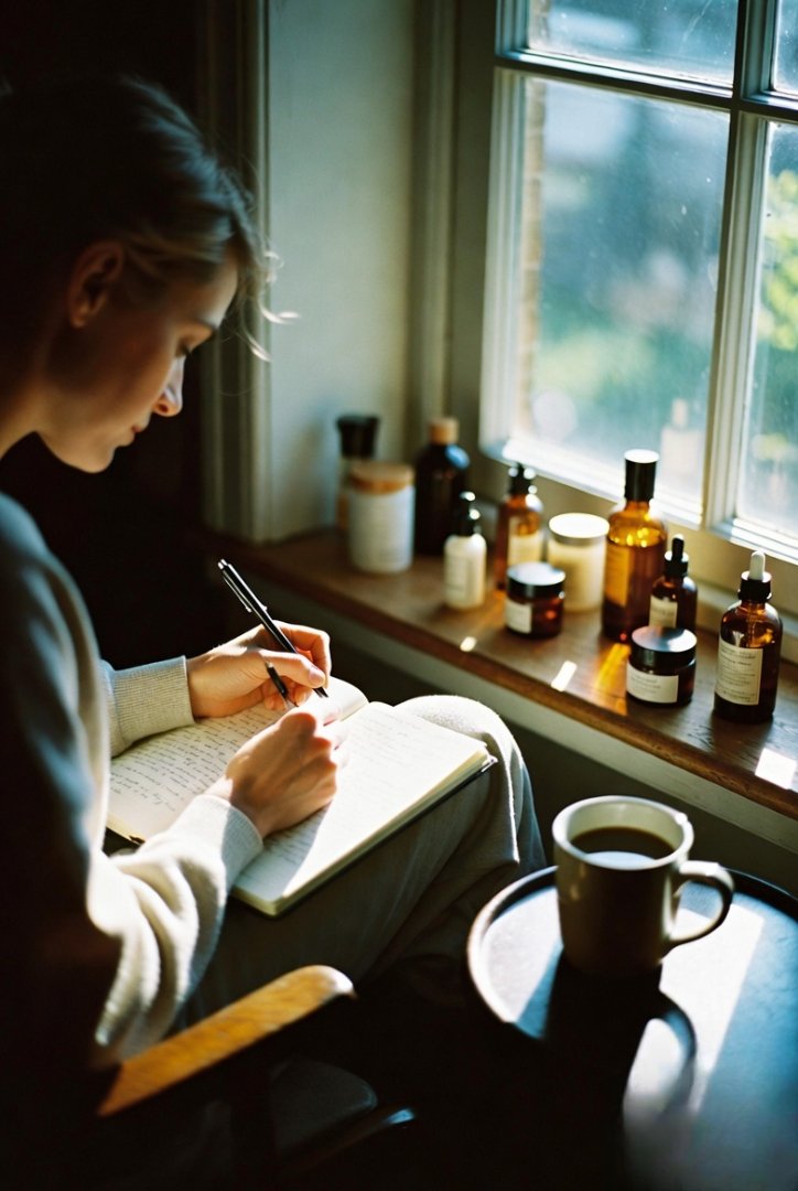 a woman sitting by a window journaling, with skincare items, a coffee mug, and sunlight spilling in.