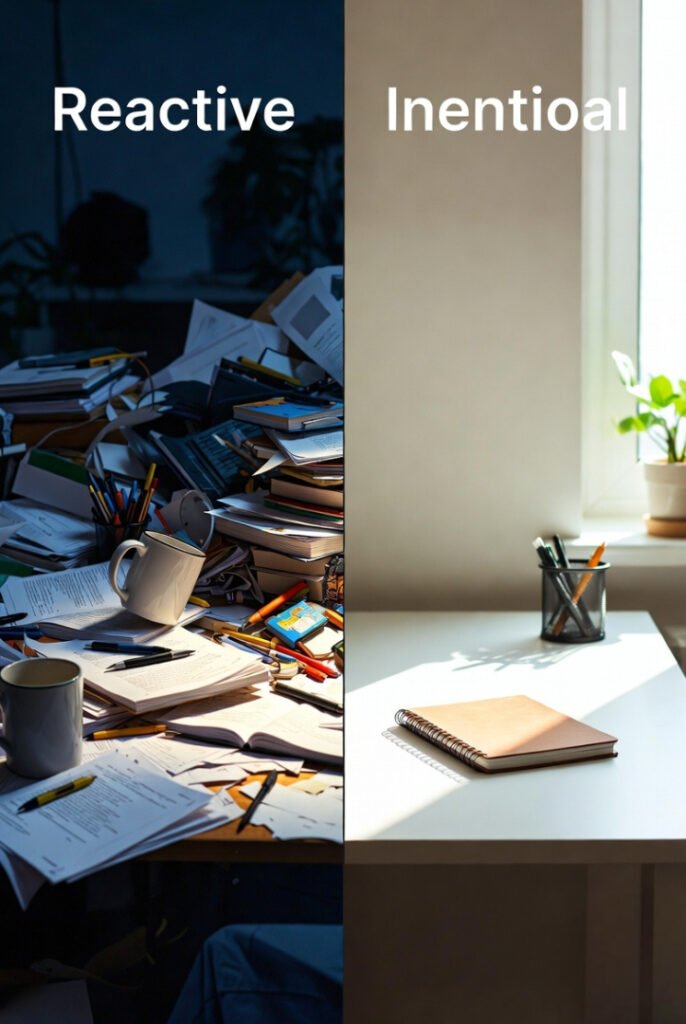 A cluttered desk vs a minimal desk split image—one chaotic, one calm—representing reactive vs intentional mindset.