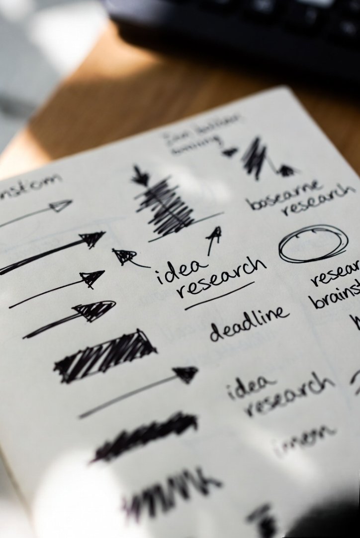 a messy notebook page filled with scribbles, arrows, random thoughts—raw, unfiltered brain dump energy.