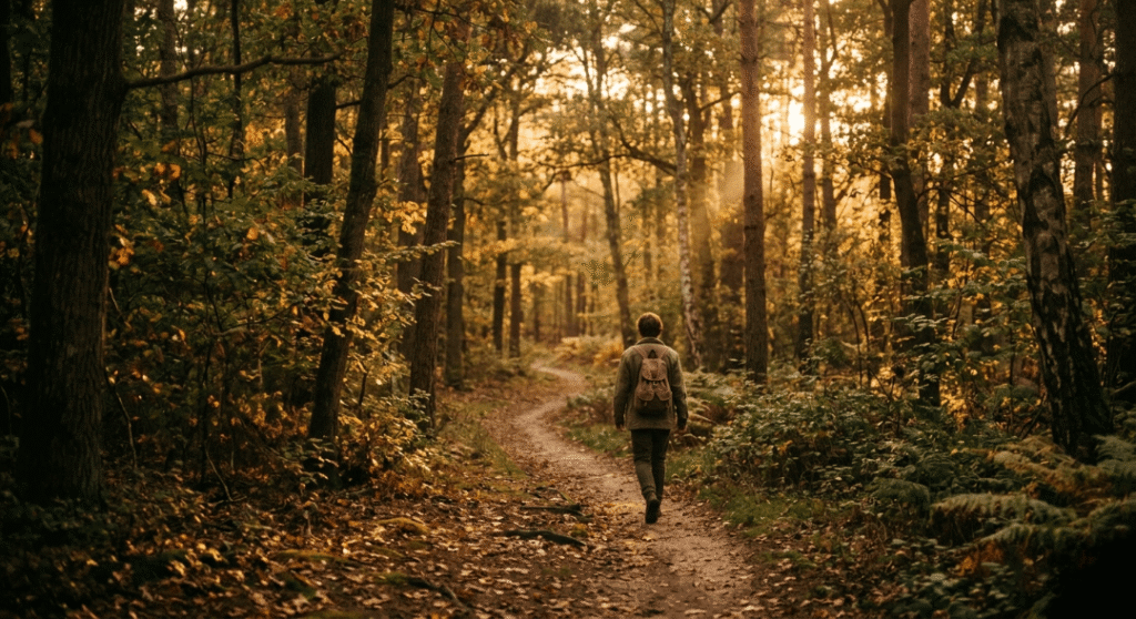 A lone person walking along a winding trail through a forest at golden hour