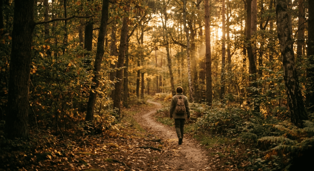 A lone person walking along a winding trail through a forest at golden hour