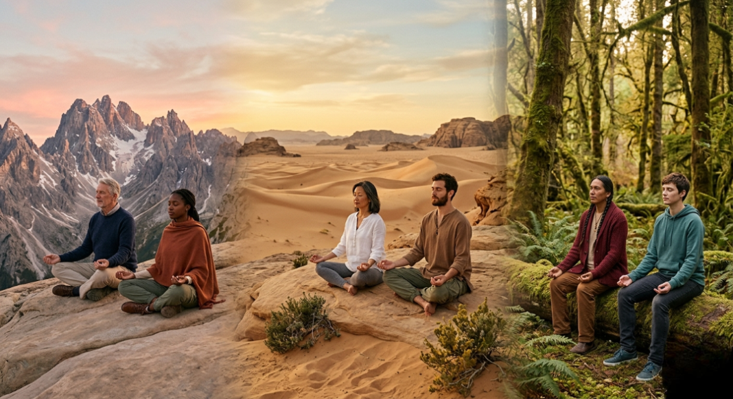 A diverse group of people sitting in quiet meditation across different landscapes