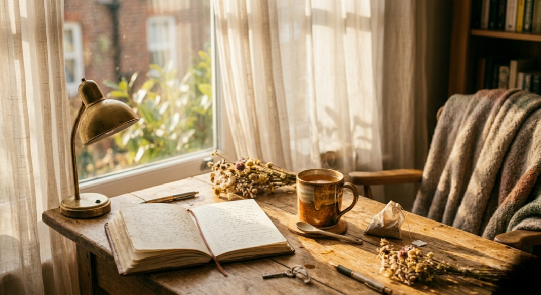 A person sitting by a window journaling