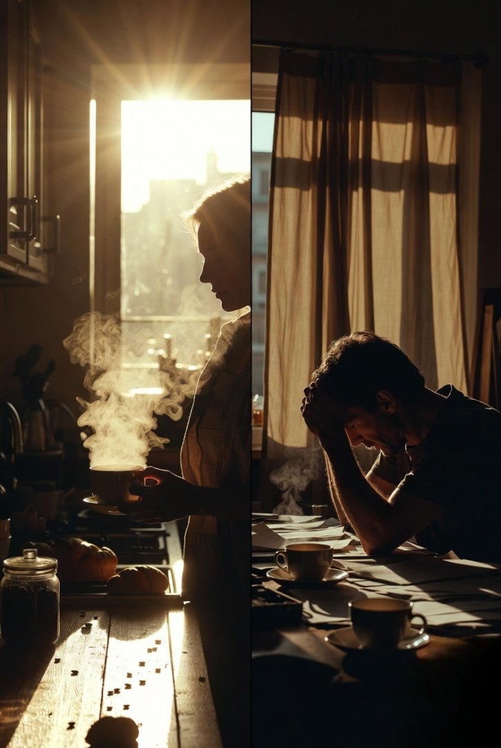 Split scene—left side energetic morning with sunlight and coffee, right side afternoon slump with dim light and tired posture.