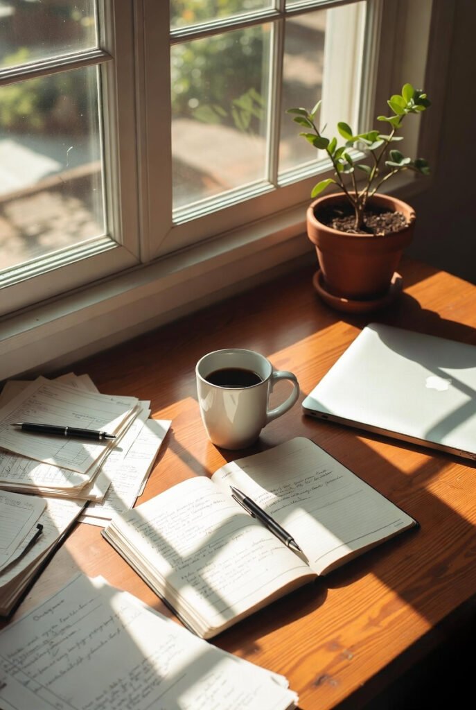 A slightly messy wooden desk with a coffee mug, open planner, laptop, and a plant by a sunlit window.