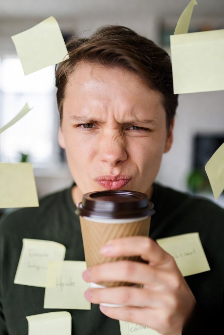 A person holding a coffee cup making a slightly annoyed face, with sticky notes around them—capturing everyday frustration humorously