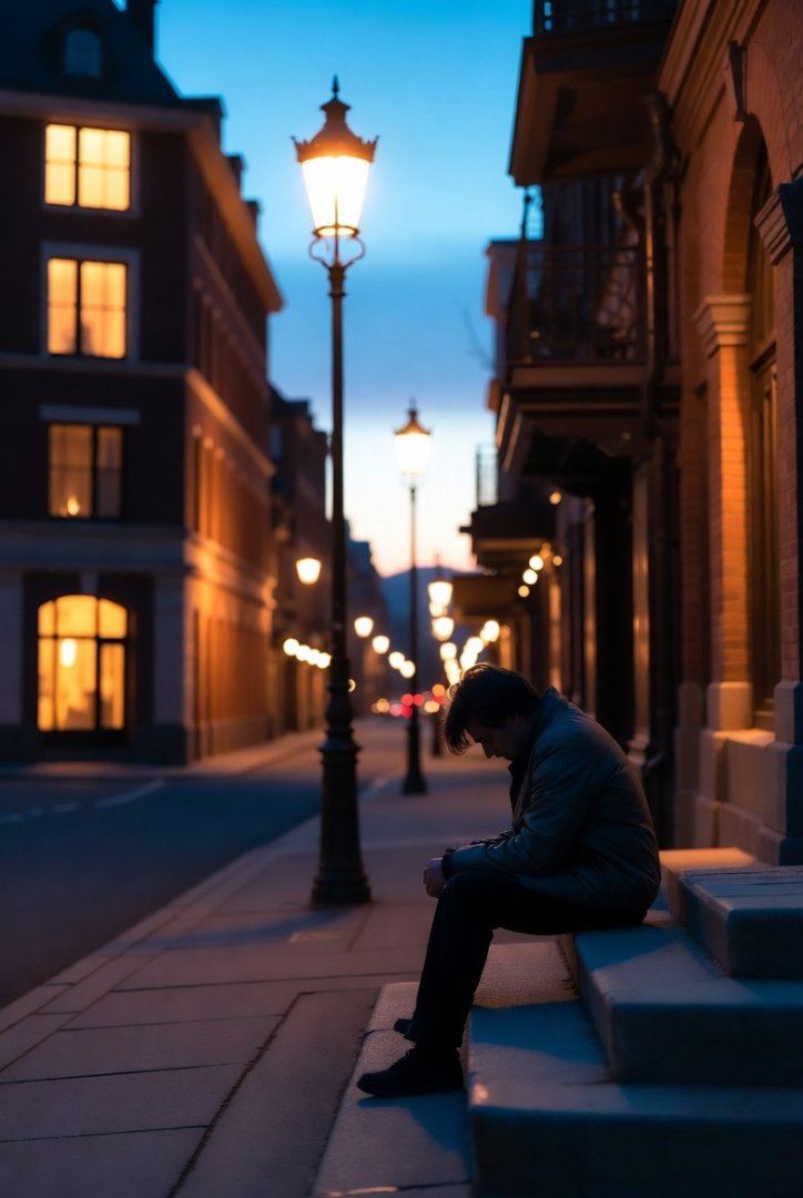 Evening street scene with soft lights, someone sitting quietly on steps, peaceful vibe
