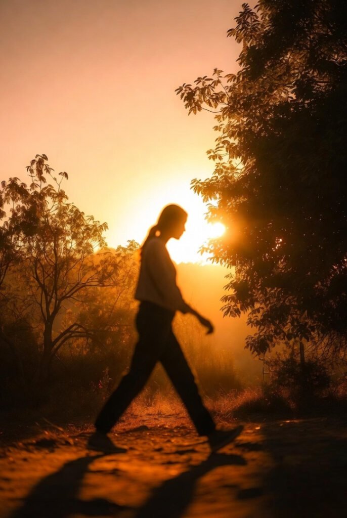 A person walking outside during golden hour, slightly blurred motion, warm sunlight, trees glowing.